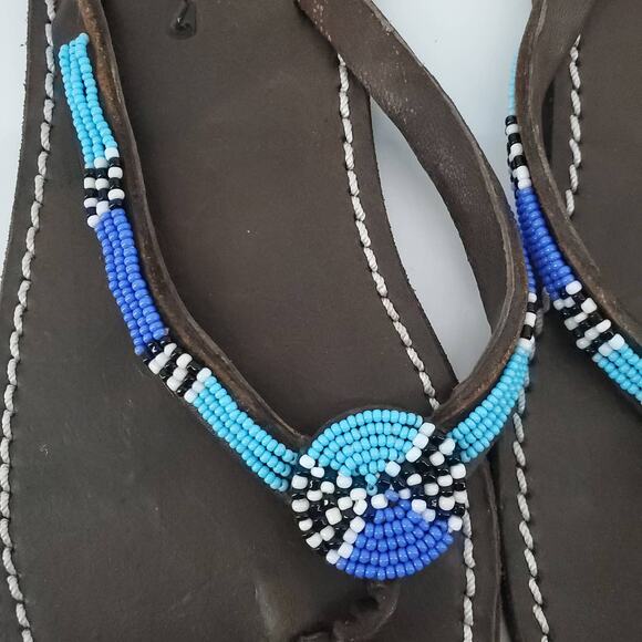 Aspiga Kenyan Handcrafted Glass Beaded Leather Flip Flops Geometric Pattern| 37 - Picture 3 of 5